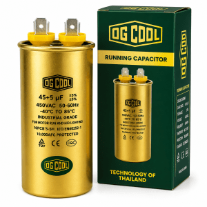 خرید خازن کولر گازی OG COOL 45+5 میکروفاراد طلایی با ولتاژ 450 ولت، مناسب انواع کولرهای گازی و اسپلیت. کیفیت ساخت بالا، عملکرد پایدار، ارسال سریع و قیمت مناسب از بندری کول