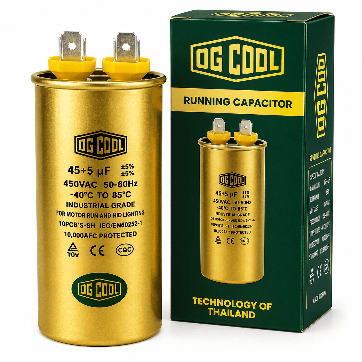 خرید خازن کولر گازی OG COOL 45+5 میکروفاراد طلایی با ولتاژ 450 ولت، مناسب انواع کولرهای گازی و اسپلیت. کیفیت ساخت بالا، عملکرد پایدار، ارسال سریع و قیمت مناسب از بندری کول