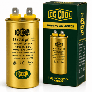 خازن کولر گازی OG COOL 45+7.5 میکروفاراد طلایی 450 ولت مناسب کمپرسور و موتور فن