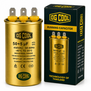 خازن کولرگازی 50+5 میکروفاراد OG COOL سه پایه 450 ولت با بدنه طلایی