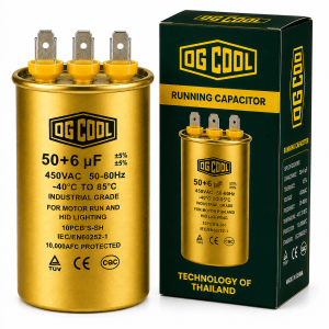 خازن کولرگازی 50+6 میکروفاراد OG COOL سه پایه 450 ولت با بدنه طلایی